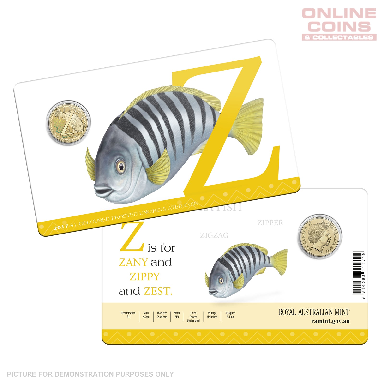 2017 $1 Coloured Alphabet Frosted Uncirculated Coin In Card - Z For Zebra Fish